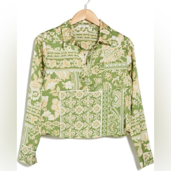 Pleione Tops - Nordstrom Deep Lime Silk-like Long Sleeve Patch Green Floral Blouse